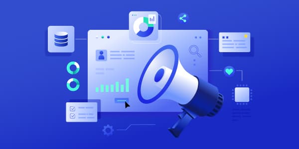 Digital marketing dashboard with analytics and megaphone representing guide to choosing the right ad management platform for healthcare publishers