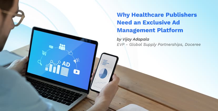 Healthcare publisher using Doceree AdManager platform on laptop and smartphone